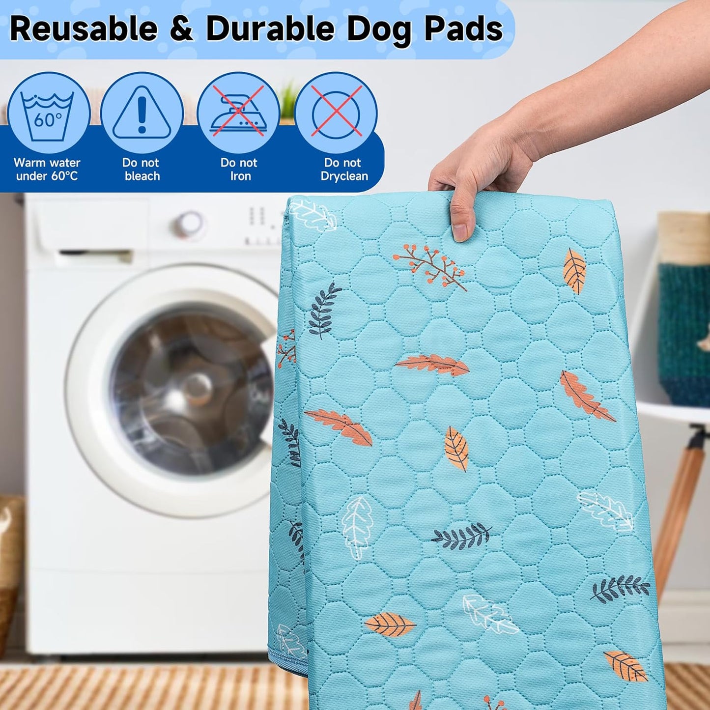 Sunheir Washable Pee Pads for Dogs Large 48" x 48" 2-Pack Reusable Puppy Pads Pet Training Pads, Absorb Dog Mats, Whelping Pad, Non-Slip Protects Against Urine Leakage (Leaves - Sky Blue, 48x48)