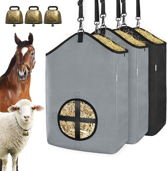 3 PCS Goat Hay Feeder,Hay Bags for Horses,Goats,Donkeys with Reinforced Oxford Fabric and High Strength Metal Clasp,Horse Feeding Supplies with Adjustable Strap for Easy Hanging (2Grey+1Black)