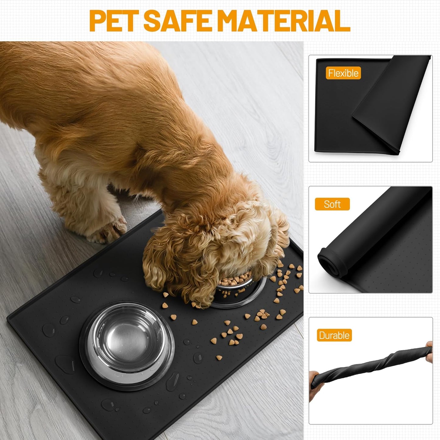 Hubulk Dog Feeding Mat,100% Waterproof Food Grade Silicone Pet Food and Water Bowl Placemat,Dishwasher, High Raised Edge to Prevent Spills,Nonslip Tray to Stop Messes on Floor (24"x16"x0.5", Black)
