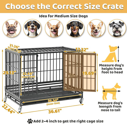36 Inch Collapsible Dog Crate, Heavy Duty Dog Cage for Small/Medium Dogs, 2-Door Dog Kennel with Top Access, Lockable Wheels, Tray & Metal Floor Grid