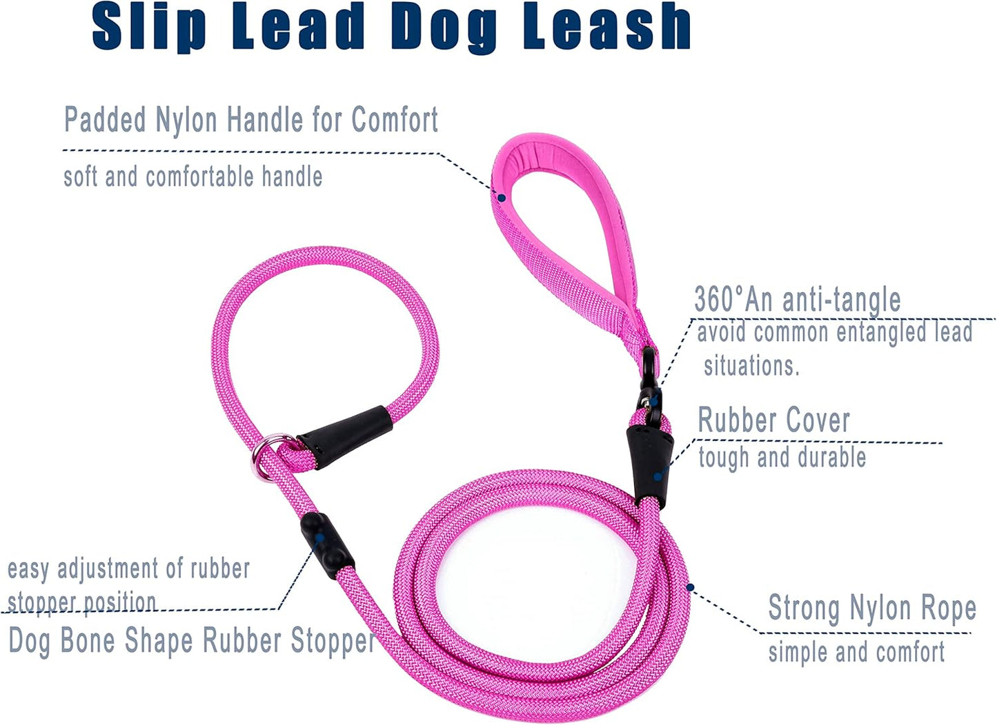 Slip Lead Dog Leash，Strong Nylon Rope Leash and Padded Handle,No Pull Outdoor Walking Training Lead for Small Medium Large Dogs(Fuchsia, 1/2"×6ft)