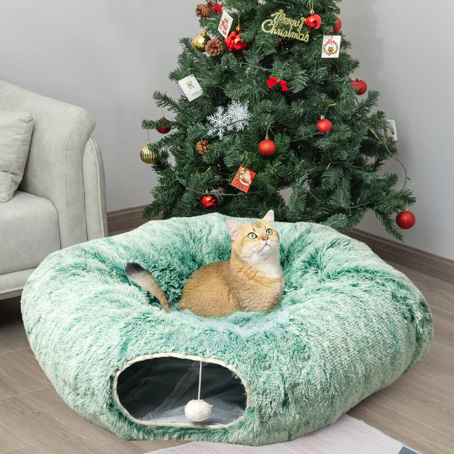 AUOON Cat Tunnel Bed for Indoor Cats - Circle Peekaboo Cat Cave with Washable Mat for Indoor Cats Kitten Kitty Puppy Rabbit Ferret (Green)
