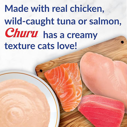 INABA Churu Cat Treats, Grain-Free, Lickable, Squeezable Creamy Purée Cat Treat/Topper with Vitamin E & Taurine, 0.5 Ounces Each Tube, 24 Tubes (4 per Pack), Tuna with Bonito Flakes Recipe