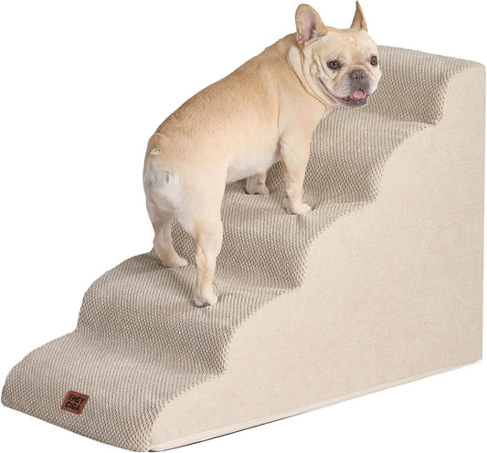 EHEYCIGA Curved Dog Stairs Ramp for High Beds 22.6" H, 5-Step Dog Steps for Small Dogs and Cats, Pet Stairs for High Bed Climbing, Non-Slip Balanced Pet Step Indoor, Beige