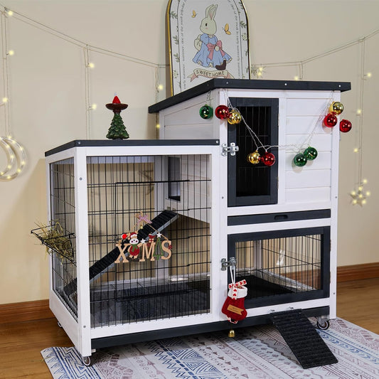 Bunny Hutch Indoor Rabbit Cage Outdoor 2-Story Rabbit House with Urine Guards and 2 Removable Tray for Small Animals
