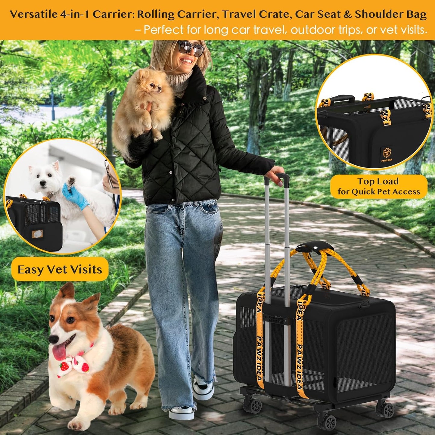 PAWZIDEA Expandable Pet Carrier with Wheels, 24"x16"x16" Large Cat Carrier for 2 Cats, Soft-Sided Dog Travel Crate for Small Medium Dog, Collapsible Rolling Travel Bag w/Telescopic Handle, Chew-Proof