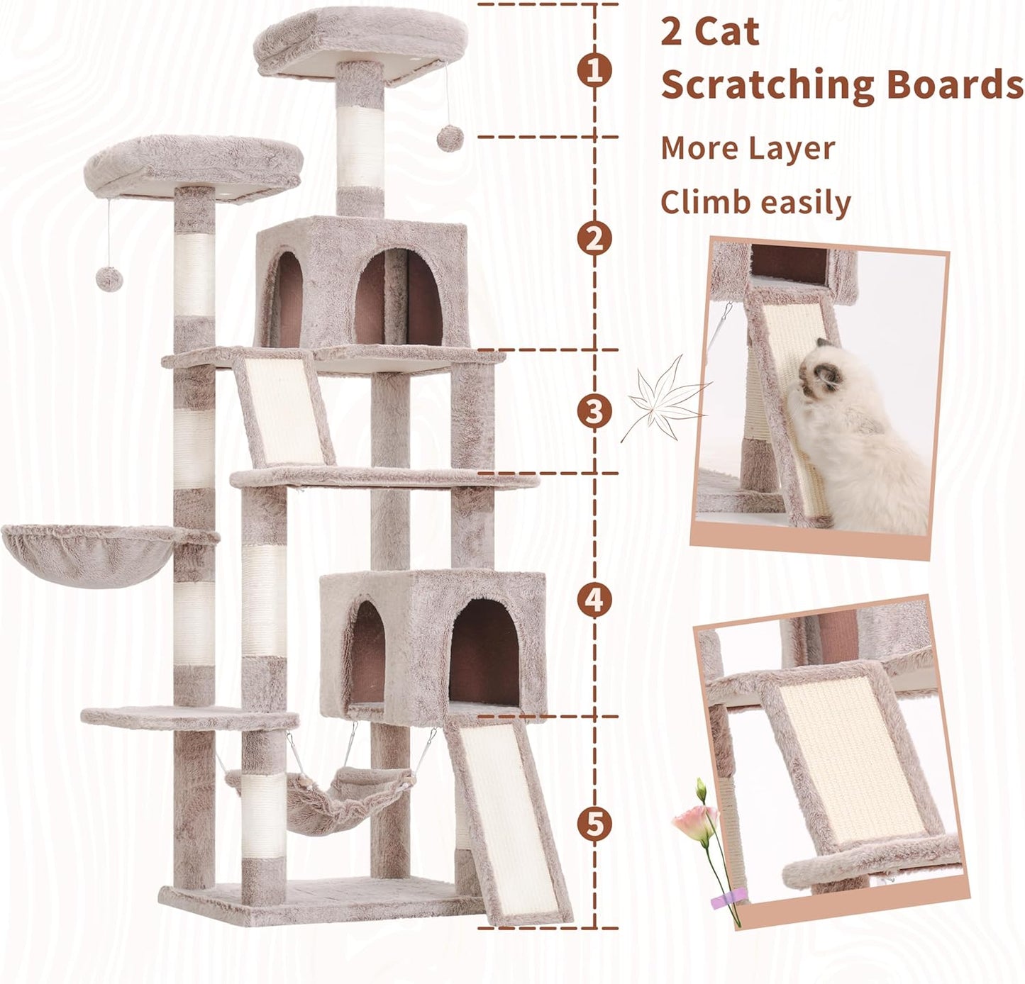 Cat Tree for Indoor Cats, 71'' (180cm) Multi-Level Cat Tower for Large Adult, Sturdy Cat Tree House with 2 Scratching Boards 7 Posts, 2 Plush Perches/Condos, Hammock, Muchroom GCT032MU