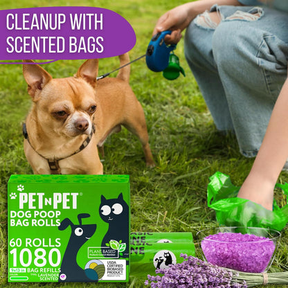 Pet N Pet 1080 Counts Green Poop Bags for Dogs, 41% Plant Based & 59% PE Extra Thick Dog Poop Bags Rolls, 9" x 13", Lavender Scented Pet Waste Bag