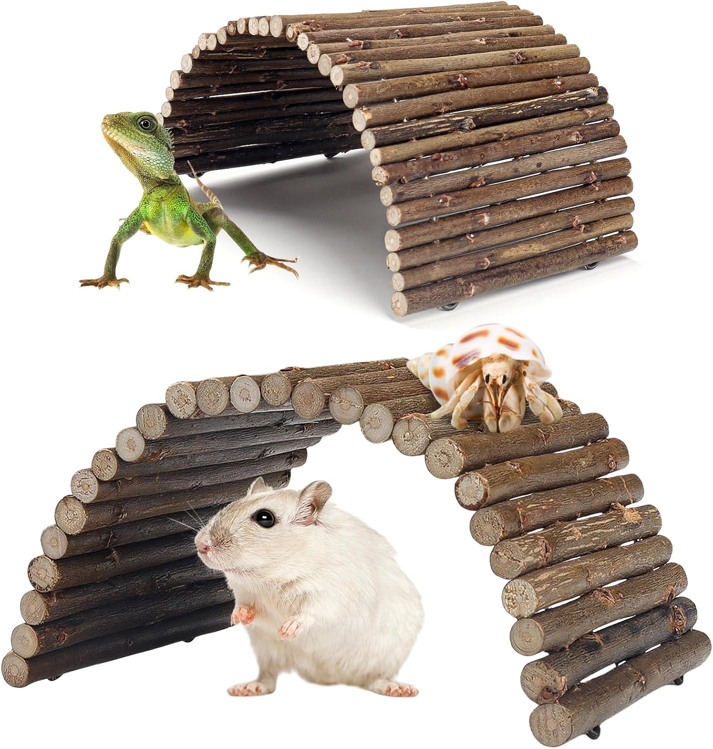 2PCS Reptile Hideout Hermit Crab Bendable Bridge, Wooden Hermit Crab Hideout Climbing Toys, Reptile Tank Habitat Decor Hiding Hut for Lizards, Mice, Spiders