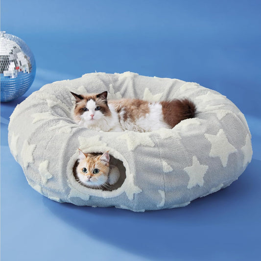 Lesure Cat Tunnel Bed for Indoor Cats - Cute Cat Donut Tunnel Toys for Small Large Cats with Washable Circle Cushion, Round Pet Peekaboo Cave Toy for Kitten/Puppy/Rabbit, Standard Grey