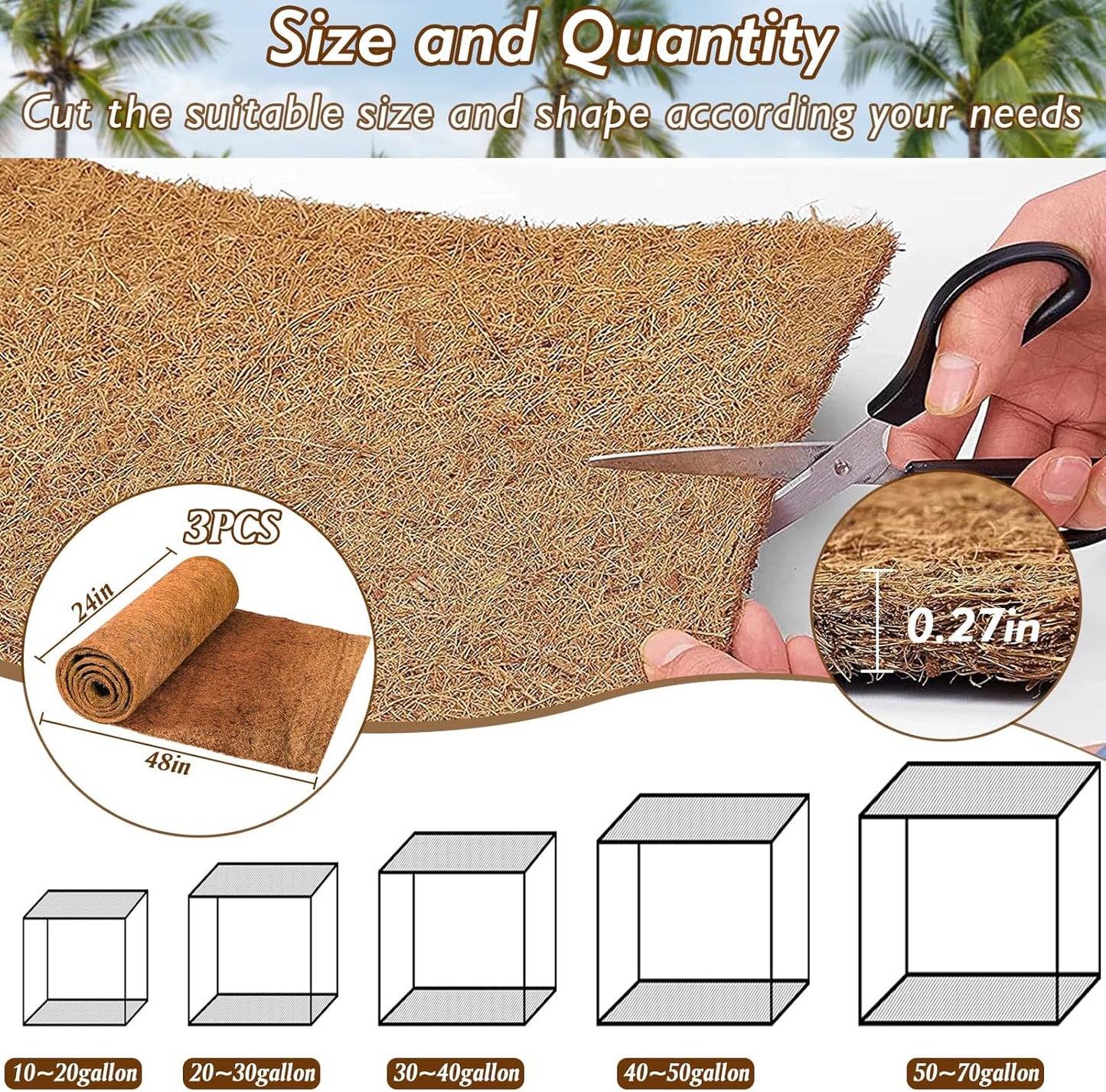 ZeeDix 3 Rolls Coconut Fiber Reptile Substrate Mat, 24 x 48 inches Natural Coco Mat Reptile Carpet Coco Fiber Liner Turtle Bedding Reptile Terrarium Liner for Lizard Snake Turtle Gecko Bearded Dragon