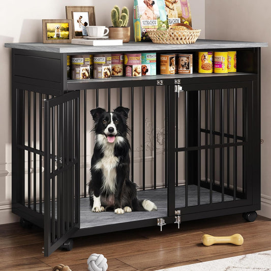 39.4" Dog Crate Furniture for Medium and Large Breed, Dog Kennel Furniture with Storage Shelf & Lockable Wheels, Heavy Duty Wooden End Side Table Pet Cage Indoor, Chew-Resistant, Grey