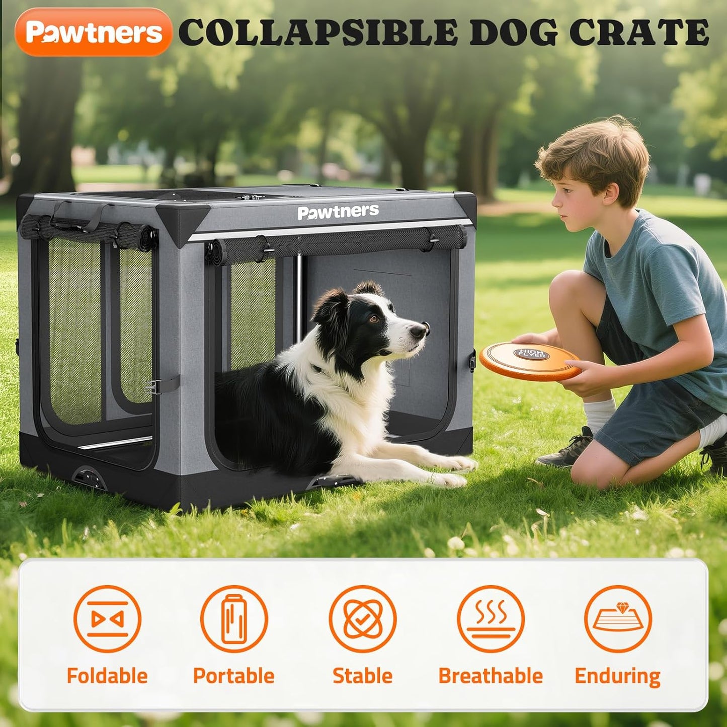 Collapsible Dog Crate: 38 Inch Foldable Soft Sided Dog Crate for Large Dogs, Portable Dog Travel Kennel with Soft Mat for Indoors & Outdoors, Grey (38" L x 27" W x 27" H)