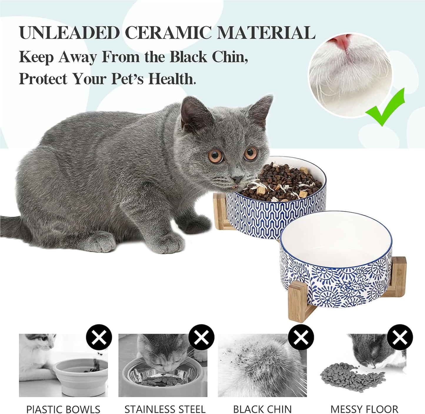 Selamica Ceramic 30 OZ Dog Bowls, Dog Food and Water Bowls with Wooden Stand, Anti-Slip Dog Dishes Set for Cats Small & Medium Sized Dogs, Weighted Pet Bowls Set of 2, Vintage Blue B