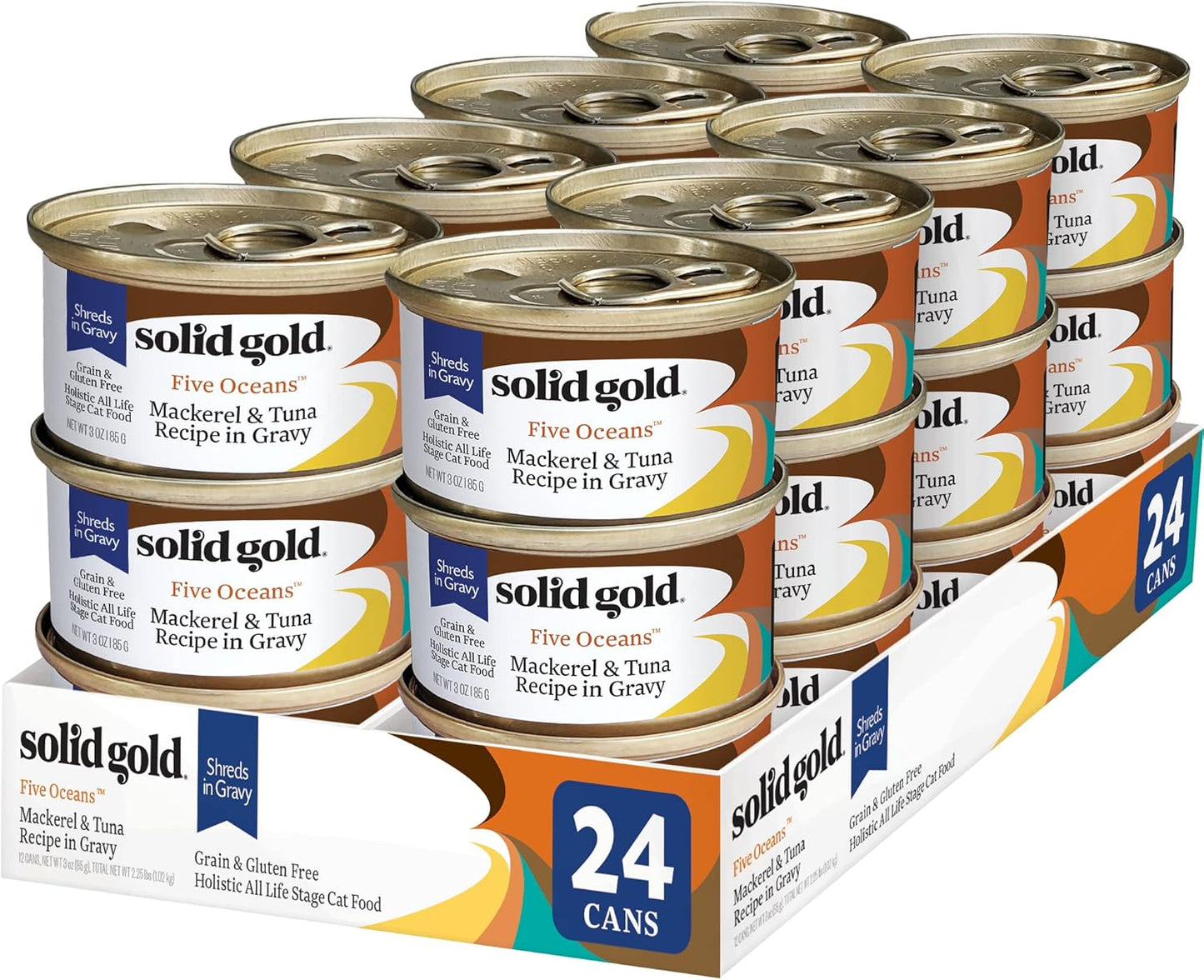 Solid Gold Five Oceans Holistic Grain Free Wet Cat Food, Mackeral & Tuna in Gravy, All Life Stages, 3oz Can, 24 Count (Packaging May Vary)