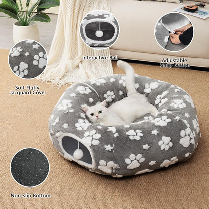 Cat Tunnel for Indoor Cats, Cute Peekaboo Cave with Dangling Balls, Pet Donut Tunnel Bed with Circle Mat for Puppy Kitten Rabbit, Grey