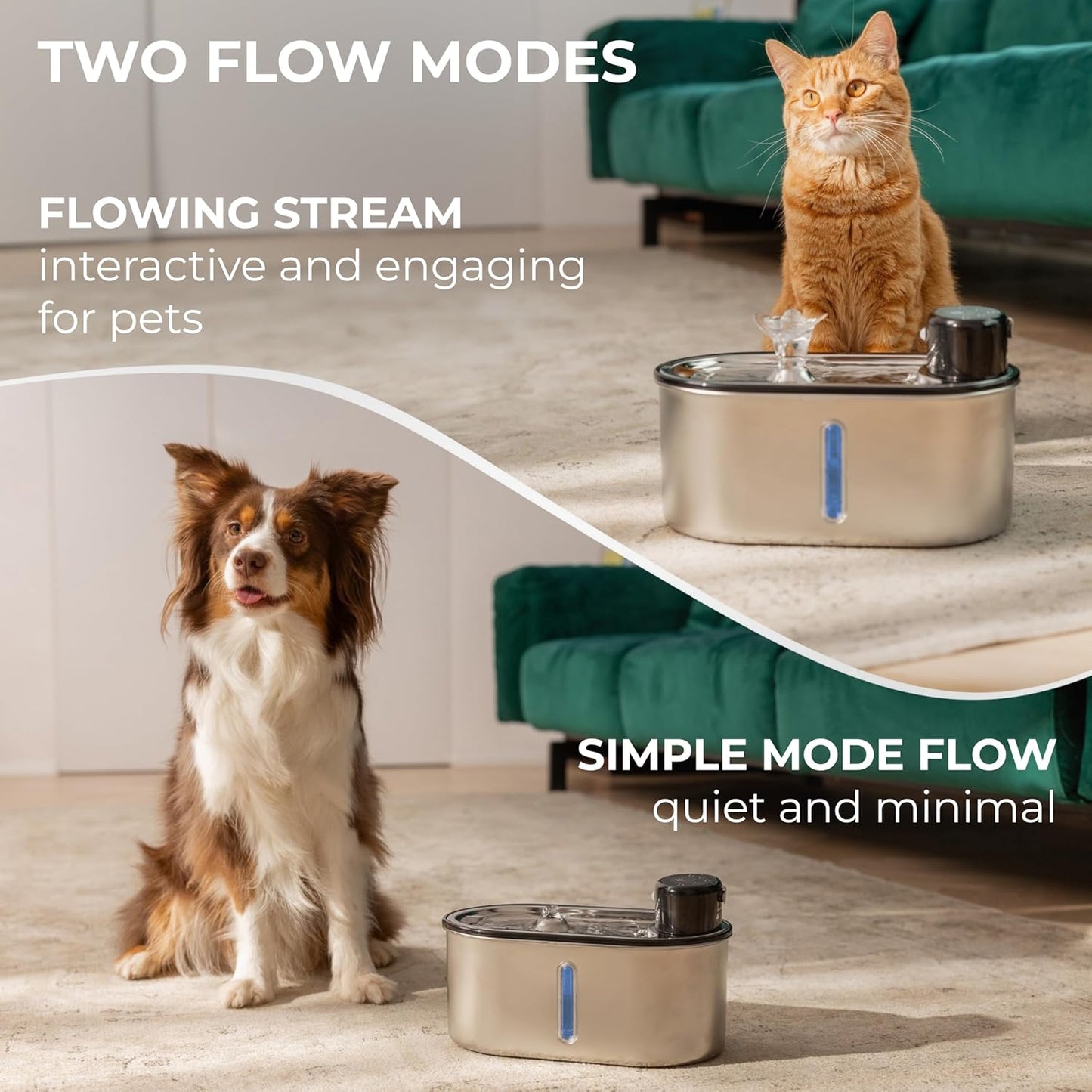 Wireless Cat Water Fountain Stainless Steel, 5200mAh Battery, Ultra Quiet, Automatic Pet Water Dispenser, 108oz/3.2L, Two Flow Modes, BPA-Free, Multi-Filtration, Includes 2 Filters - Black