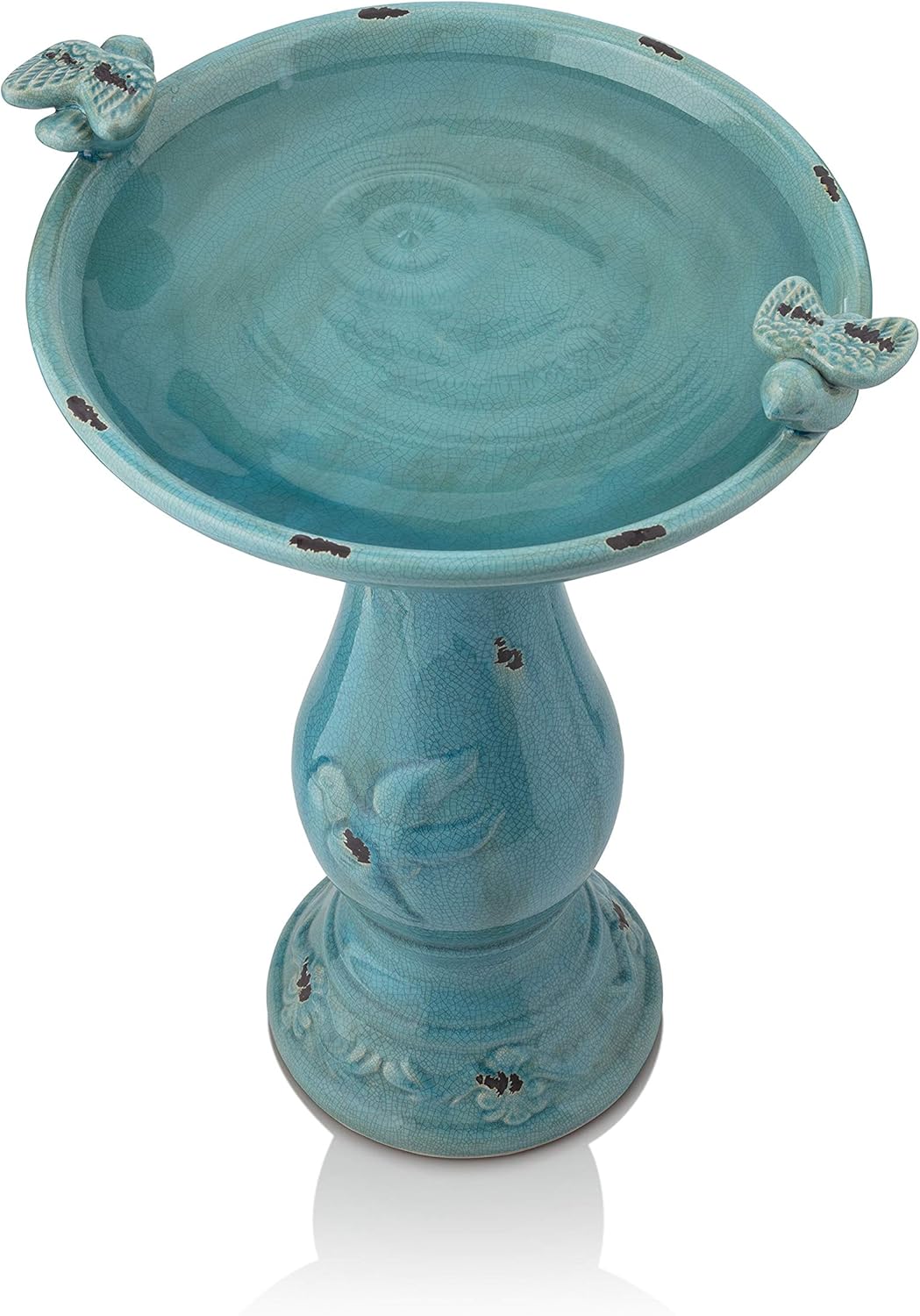 Alpine Corporation 25" Tall Outdoor Ceramic Antique Pedestal Birdbath with 2 Bird Figurines, Turquoise