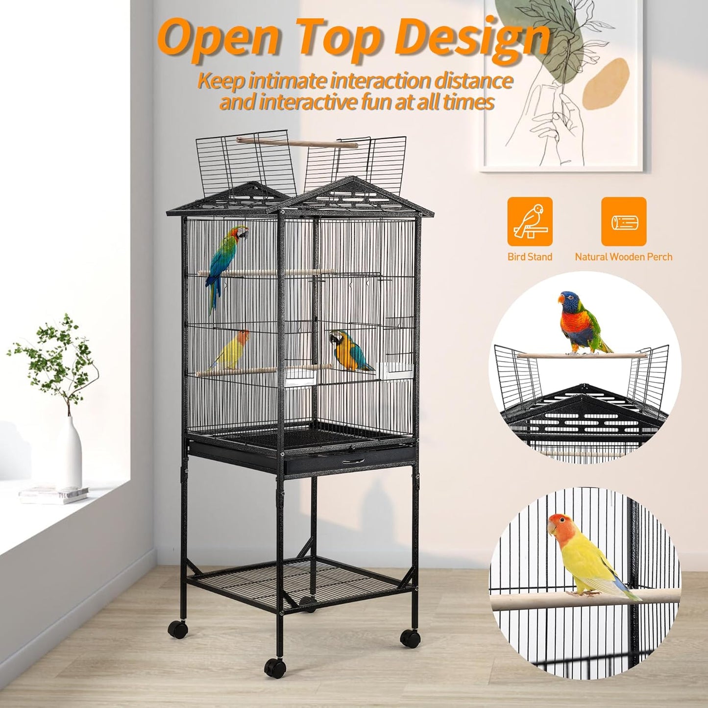 Bird Cage 47 inch Wrought Iron Parakeets Cage with Play Open Top and Rolling Stand Medium Small Bird Cage for Parrots, Budgerigars, Parakeets, Cockatiels, Lovebirds