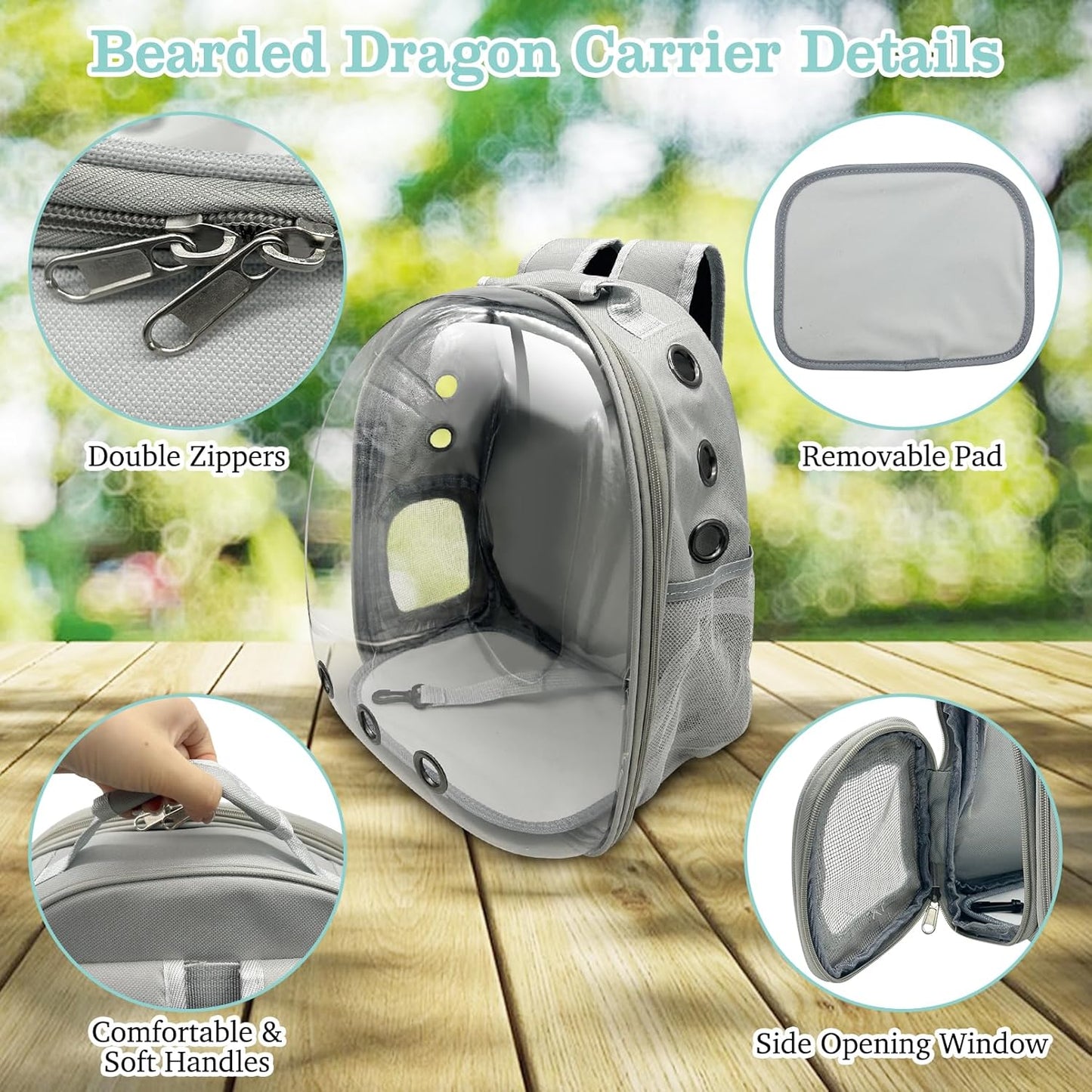 PINVNBY Bearded Dragon Carrier Backpack with Harness and Leash Set Large Reptile Travel Carrier Portable Lizard Backpack Clear Bubble Window Small Animal Carrying Bag for Gecko Kitten Rabbit (Gray)
