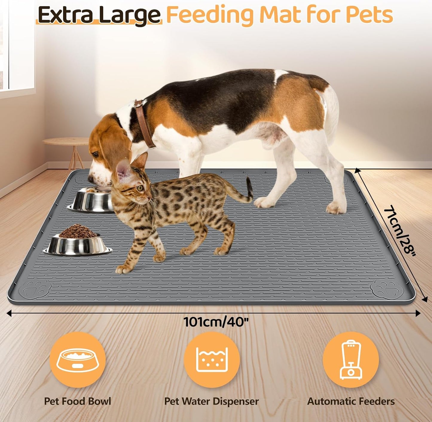 Dog Food Mat, Extra Large 40" x 28" Silicone Pet Feeding Mat with Raised Edge Pet Placemat for Small, Medium, and Large Pets Non-Slip, Easy to Clean (Dark Grey)