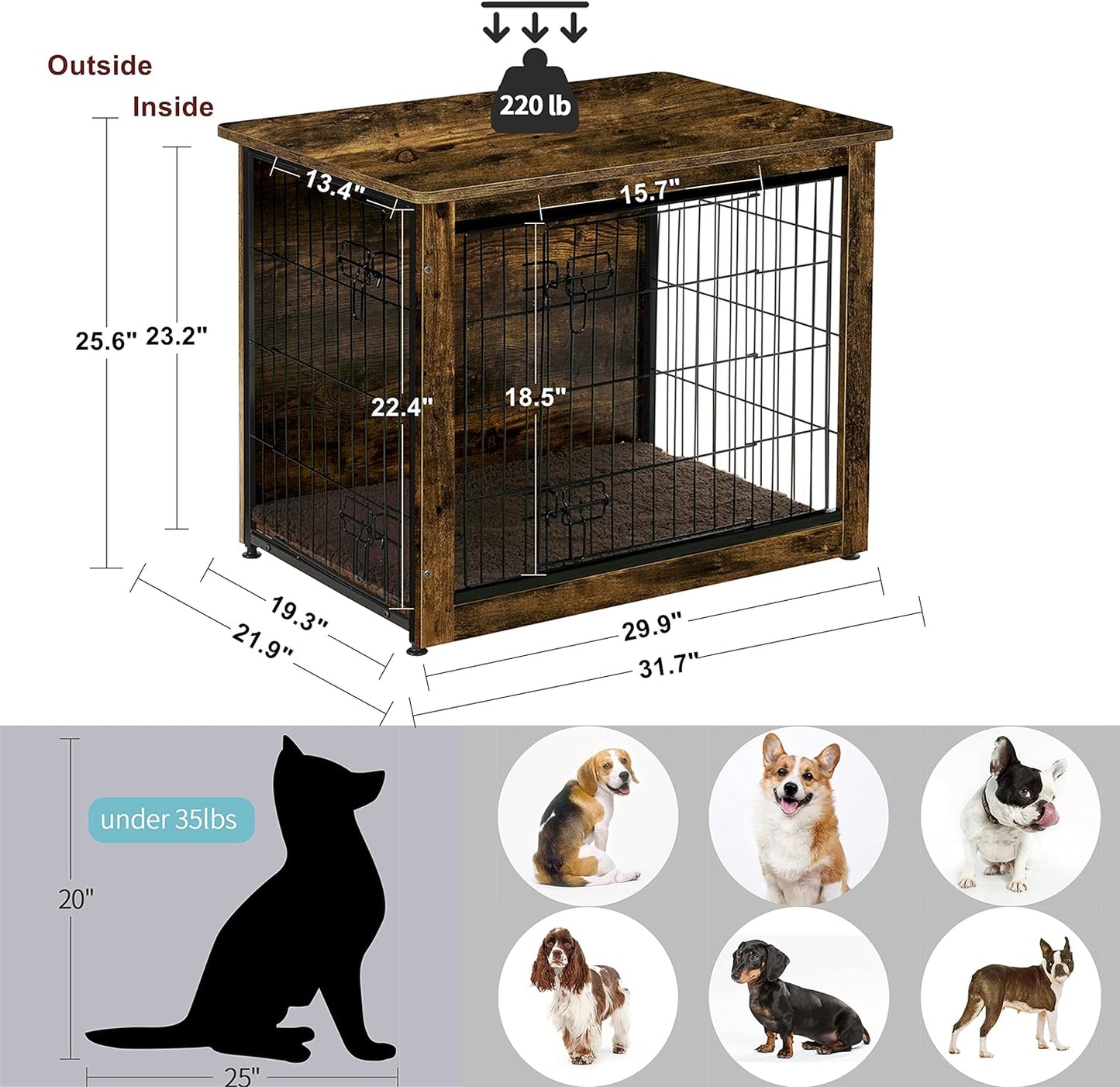 DWANTON Dog Crate Furniture with Cushion, Wooden Kennel Table with Double Doors, Indoor Dog House, Medium Size, 32.5" L, Rustic Brown