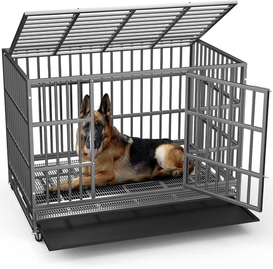 LEMBERI 48/38 inch Heavy Duty Indestructible Dog Crate, Escape Proof Dog Cage Kennel with Lockable Wheels,High Anxiety Double Door Dog Crate,Extra Large Crate Indoor for Large Dog with Removable Tray