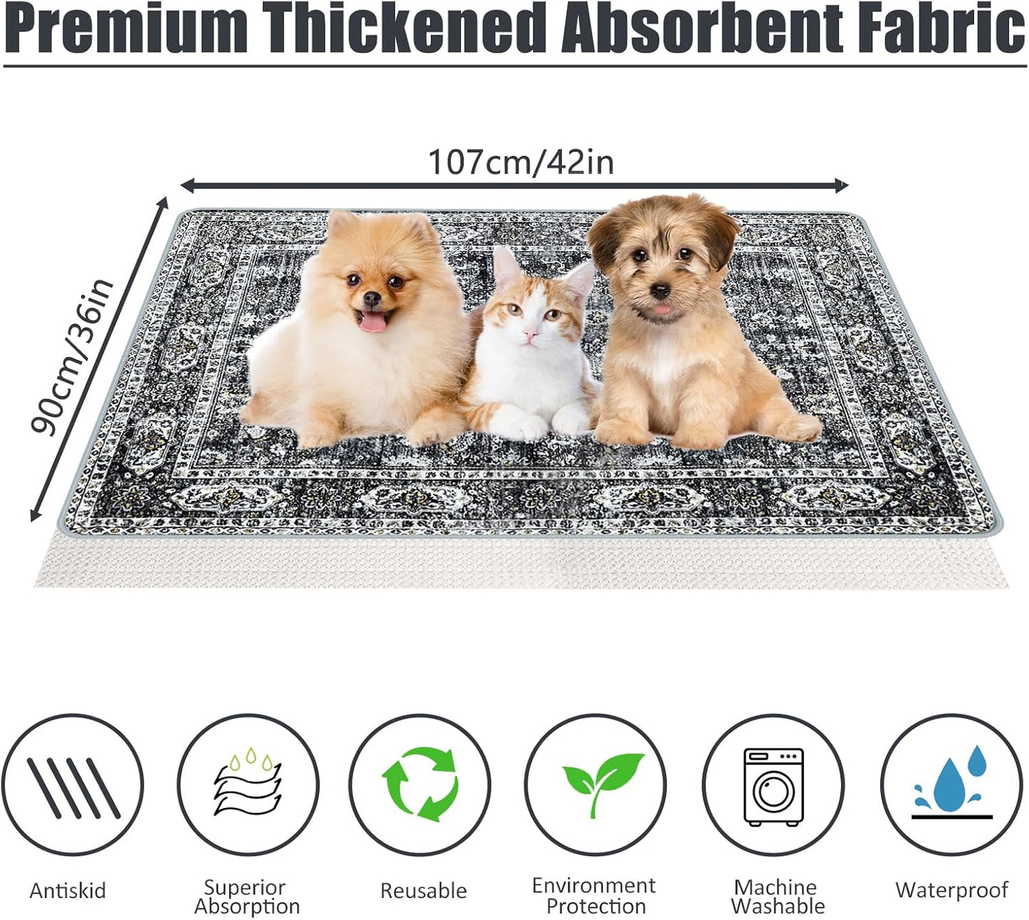 Washable Pee Pads for Dogs, (2 Pack, 36"x42") Upgrade Reusable Puppy Pads with Non-Slip Rug Pad, Super Thickening Absorbent Leakproof Dog Traning Pads Whelping Pad for Dogs, Doggie(Black)