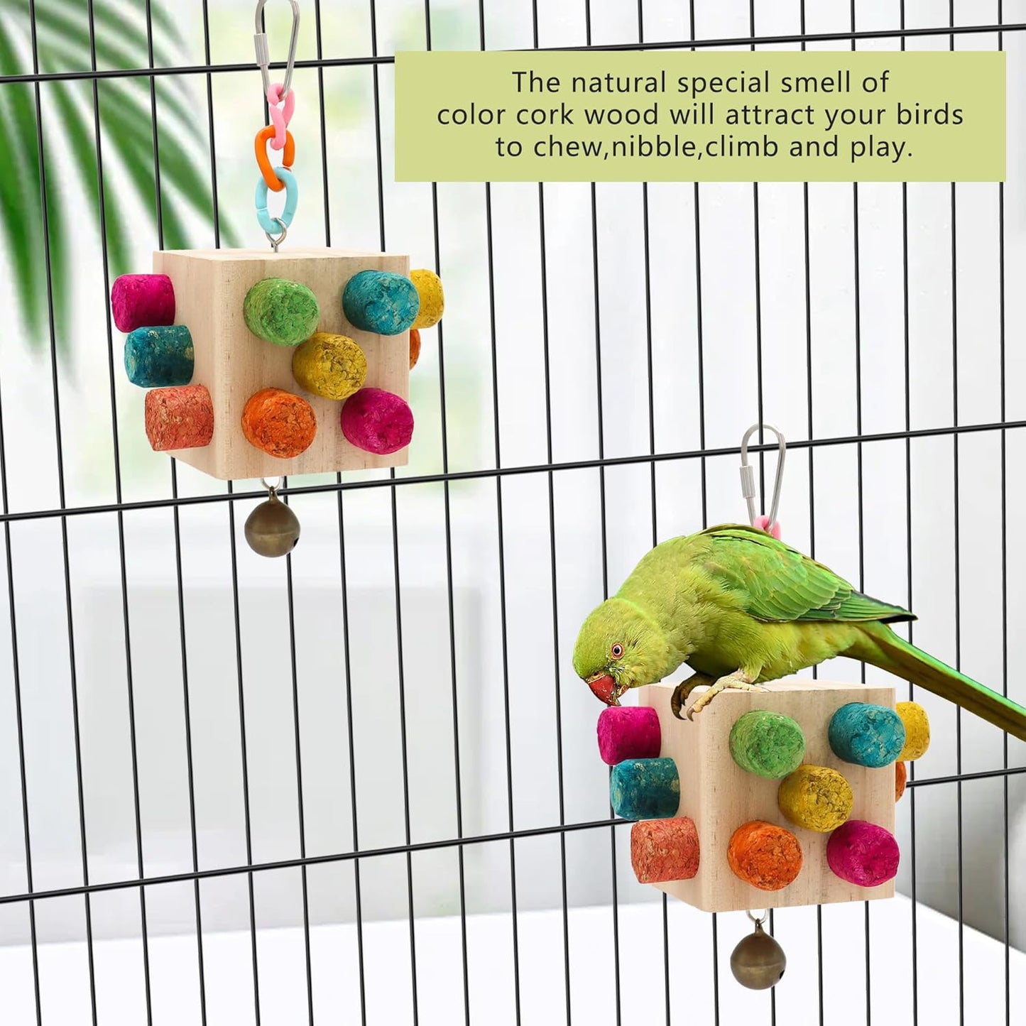 Square Bird Chew Toy, Parrot Cork Stopper Toys Bird Swing Bell Hanging Wooden Puzzle Foraging Toys Small Bird Bite Perch Stand, Small and Medium Parrots (1 Pack-Square Cork Stick)