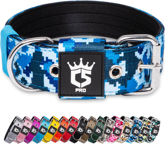 TSPRO Tactical Dog Collar 1.5 Inch Wide Thick Dog Collars with Heavy Duty Metal Buckle, Durable, Strong, Adjustable for Medium to Large Dogs (Camo Blue L)