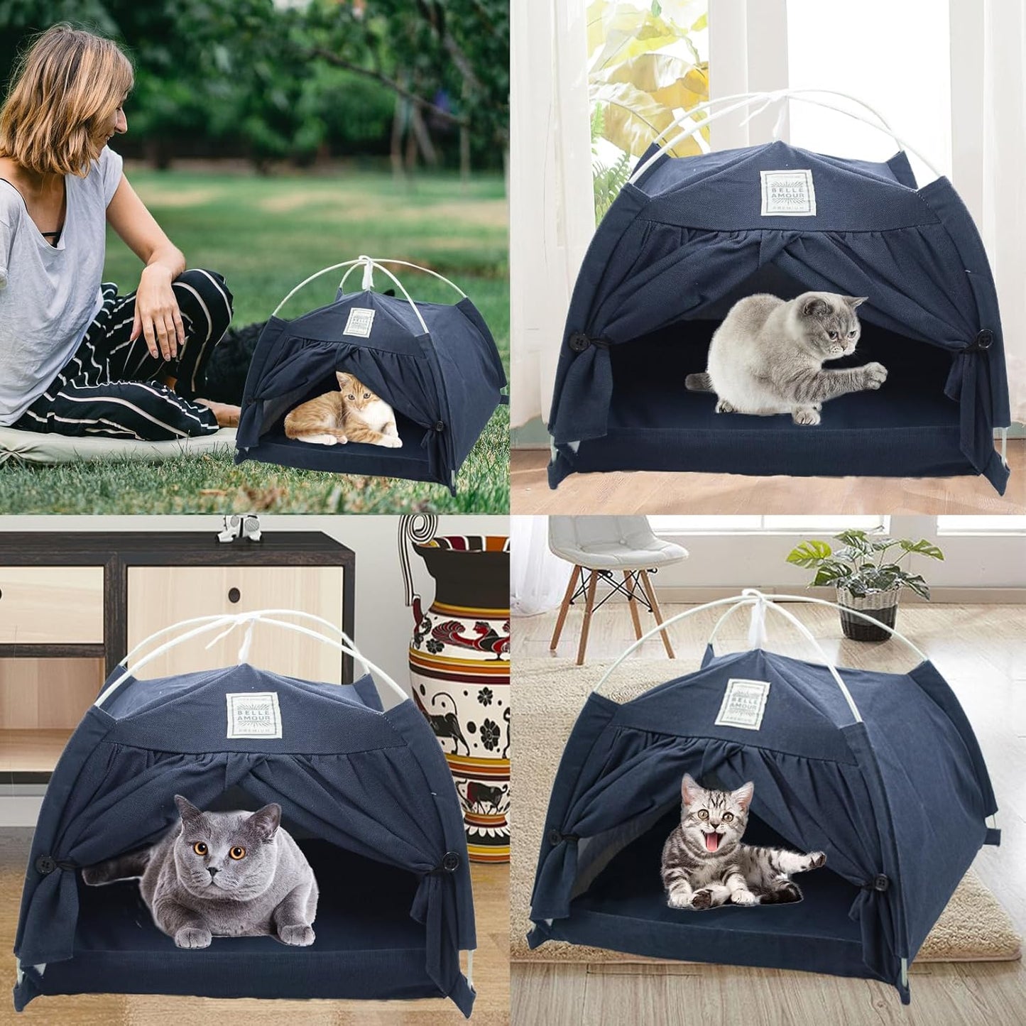 Cat Tent Bed,Cats Cave House Portable for Indoor with Removable Non-Slip Soft Pad Foldable Cat Tents Hut Washable Pet House Bed Outdoor for Kitty Puppy Small Pets 15.7x15.7x16.1 in (Navy Blue)