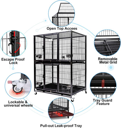 Homey Pet Two Tiers 37 Inch Dog Crate Cage Kennel with Feeding Door and Bowls, Lockable Wheels and Removable Tray, Escape Proof Metal Wire Heavy Duty Dog Crates for Medium/Small Sized Dogs (6 Pack)