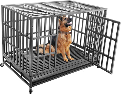 Confote 47Inch Heavy Duty Dog Kennel Strong Metal Dog Cage Pet Crate for Medium and Large Dogs with Four Lockable Wheels, Removeable Tray