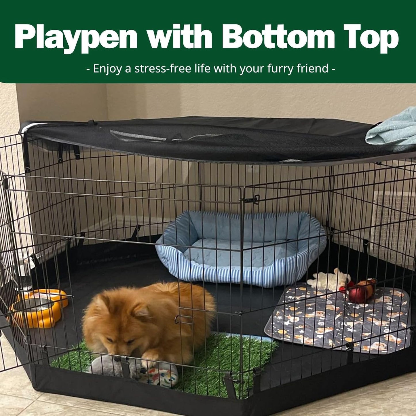 PJYuCien Dog Playpen, 8 Panels 24’’H Dog Pens Indoor with Bottom Pad and Top Cover, Metal Foldable Pet Puppy Exercise Fence Crate Kennel, Better for Small Animals,Black