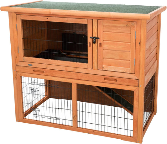 TRIXIE natura Outdoor Rabbit Hutch with Run - 2-Story Rabbit Cage with Non-Slip Ramp - Large Elevated Small Animal House with Secure Playpen, Hinged Roof & Pull-Out Tray - in Brown