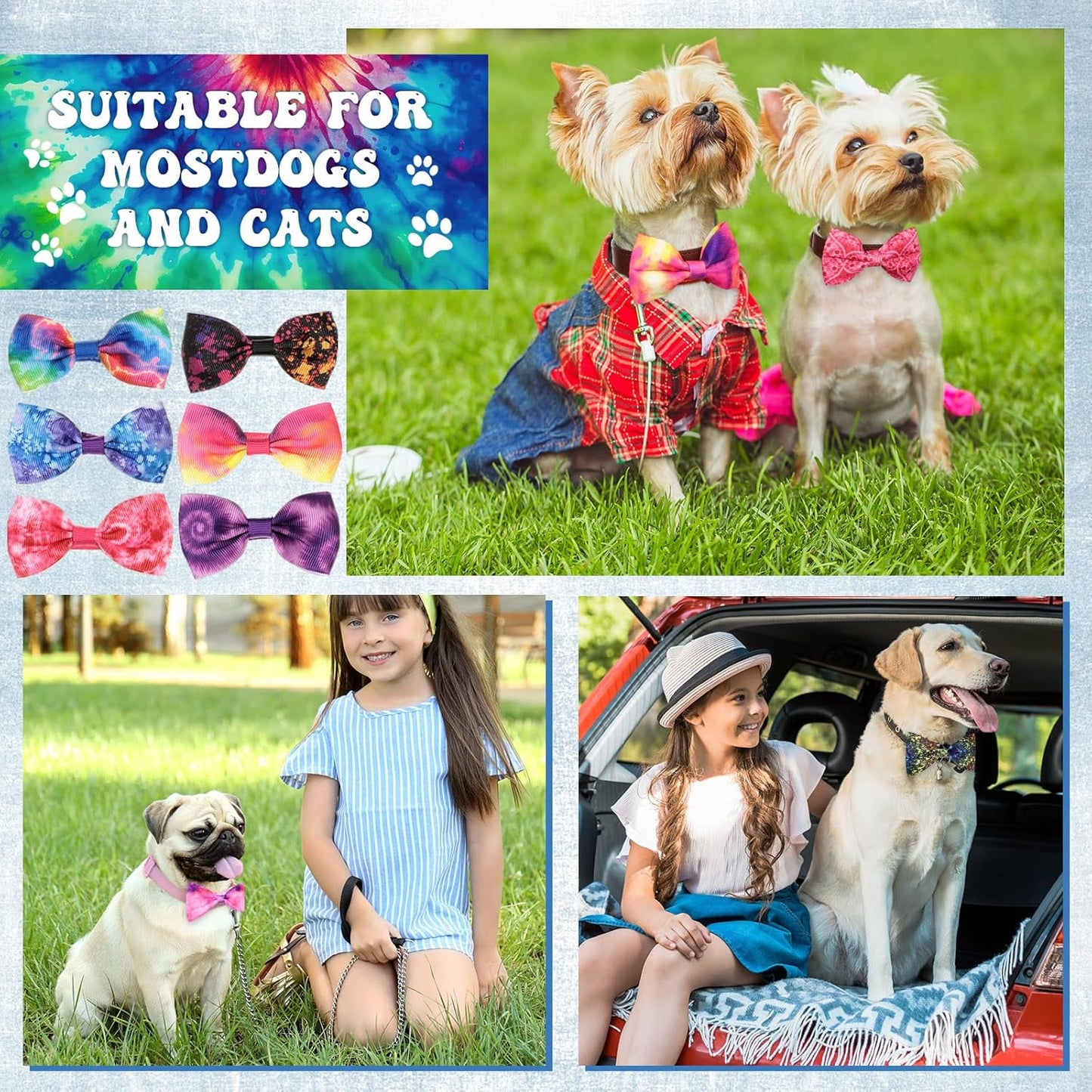 Reginary 50 Pieces Dog Bow Ties Pet Collar Bow Puppy Collar Attachment with Rubber Bands for Small Medium Cat Pet Grooming Charms Accessories Wedding Birthday Occasion(Tie Dye Style)