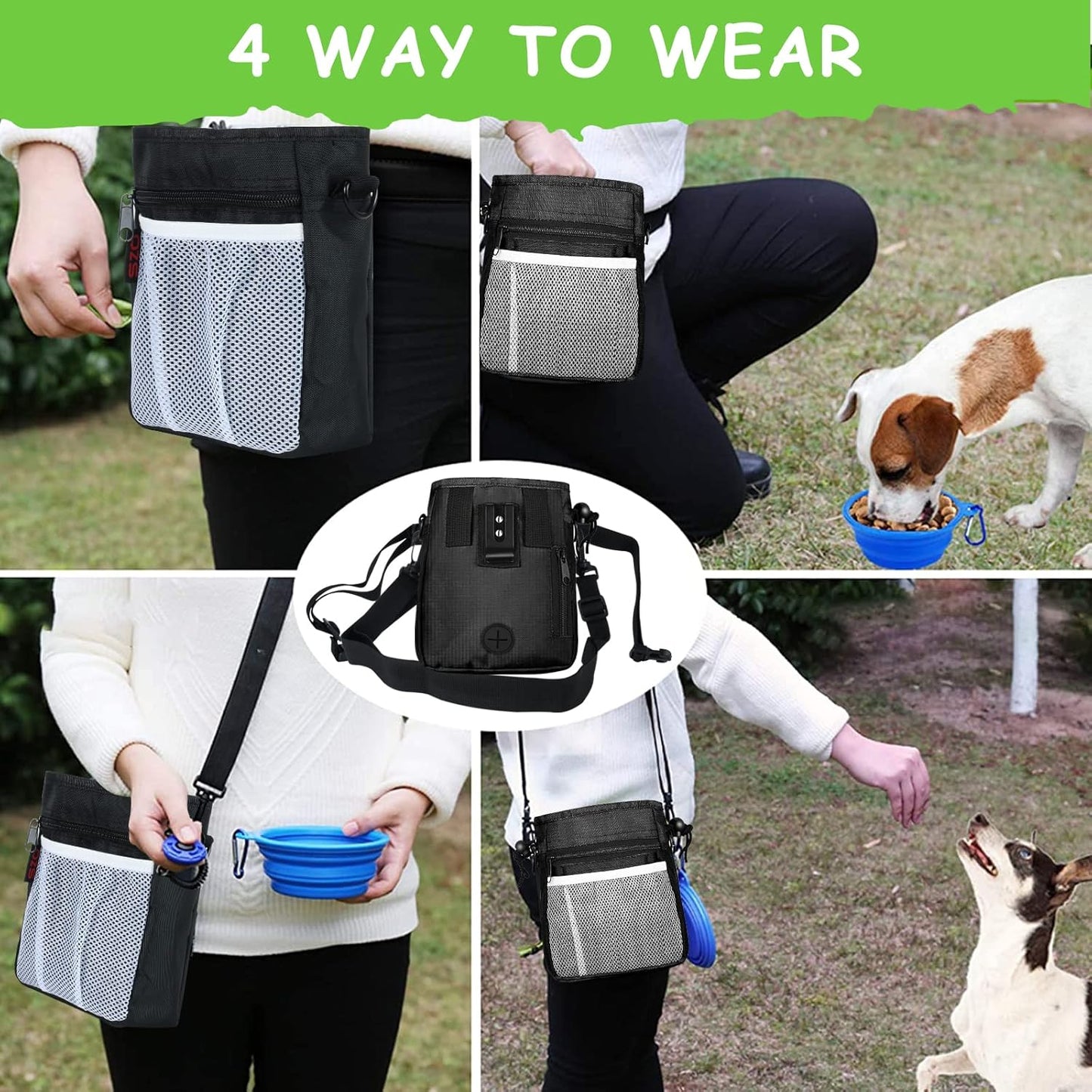 Dog Treat Pouch - 3 Ways to Wear Treat Pouches for Pet Training and 2 Pieces Clicker Taining for Dogs, Dog Training Treat Pouch Bag and Dog Clicker for Training with Waist Belt Shoulder Strap - Black