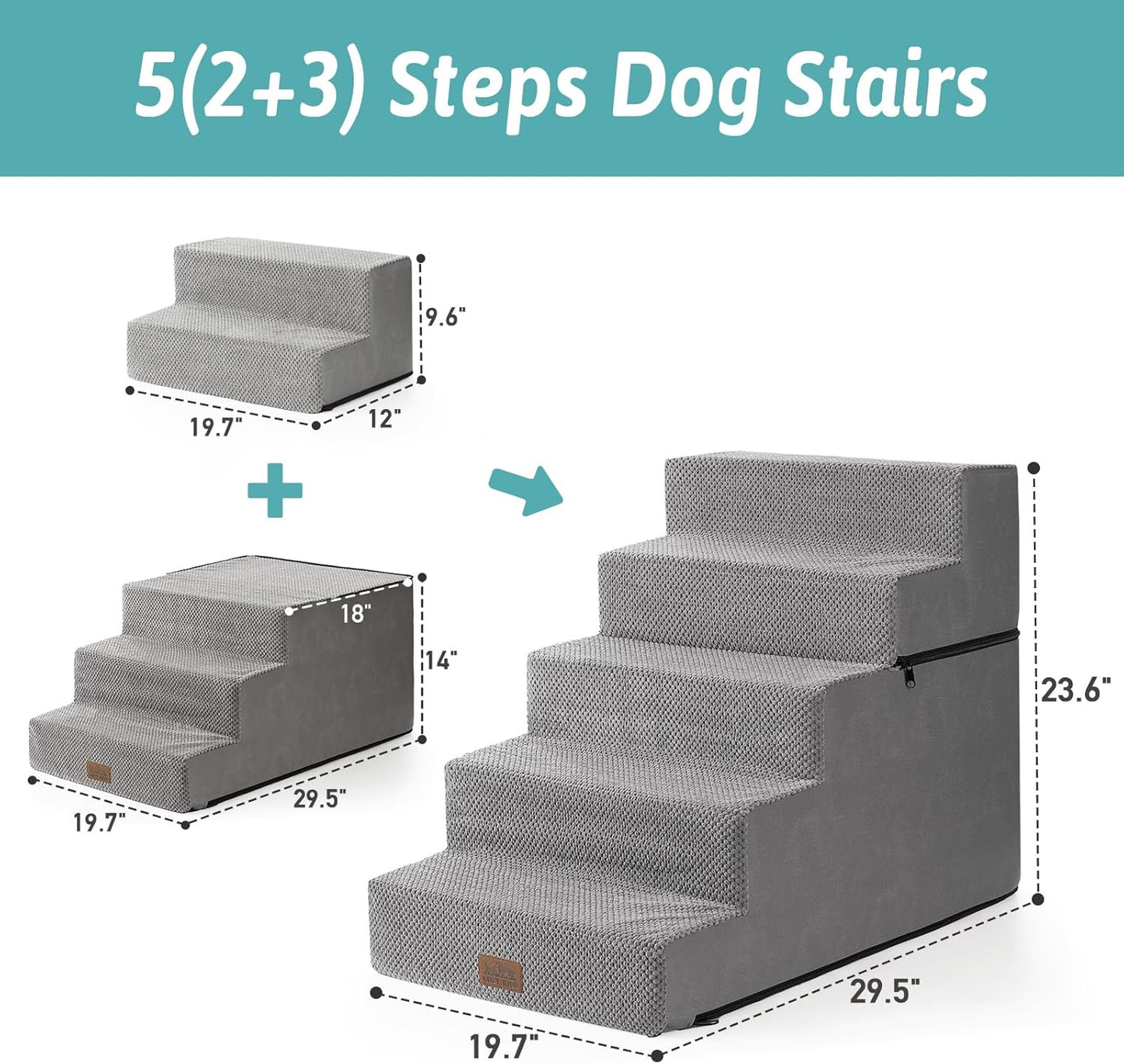 Dog Stairs for Small Dogs, 5 Tier Removable Wider Pet Stairs for Couch and Bed, 23.6" H Non-Slip Dog Steps for Puppies and Old Cats with Support Board, 29.5x19.7x23.6 inch, Grey