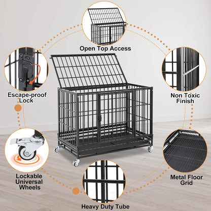 Homey Pet 37 Inch Heavy Duty Dog Crate Indestructible, Collapsible Dog Cage with Lockable Wheels, Removable Tray, High Anxiety Dog Kennel Indoor, Three Tiers Stackable Dog Crates for Medium Dogs