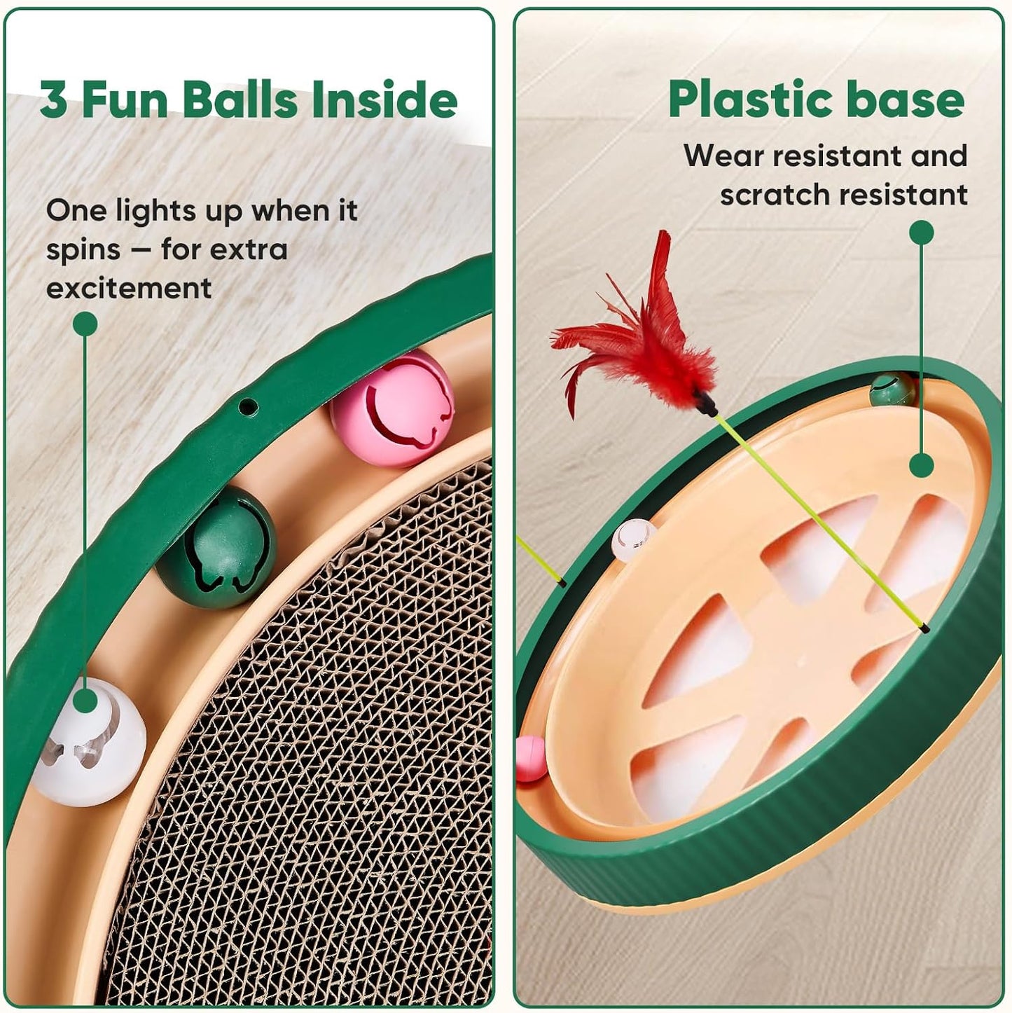 20-Inch Round Cat Scratcher with Ball Track – 3-in-1 Cardboard Scratching Pad with Feather Toy & Non-Slip Base – Interactive Cat Toy for Indoor Cats, Kittens & Large Cats (Green)