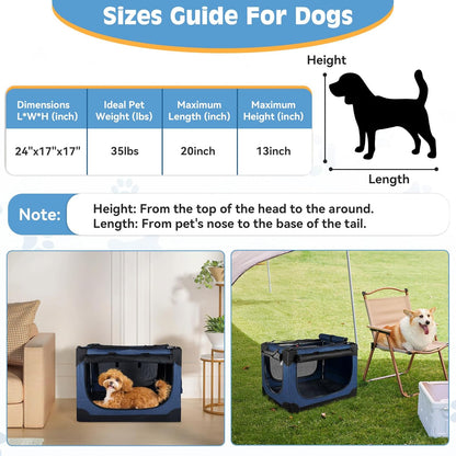 24 inch Small Dog Crate - for Small Dogs, Portable Travel Pet Crate with 4 Mesh Doors, Foldable Car Kennel for Puppy with Handle for Indoor and Outdoor, Bule