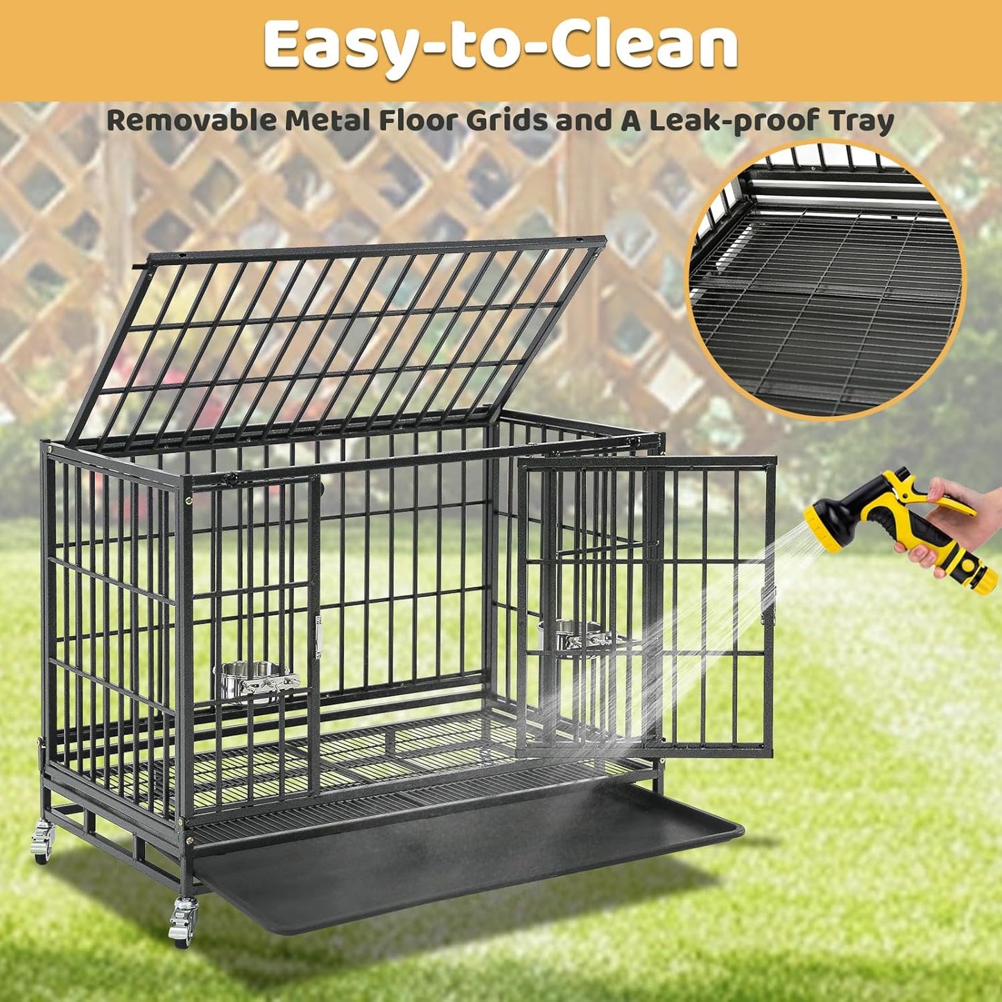 36 Inch Collapsible Dog Crate, Heavy Duty Dog Cage for Small/Medium Dogs, 2-Door Dog Kennel with Top Access, Lockable Wheels, Tray & Metal Floor Grid