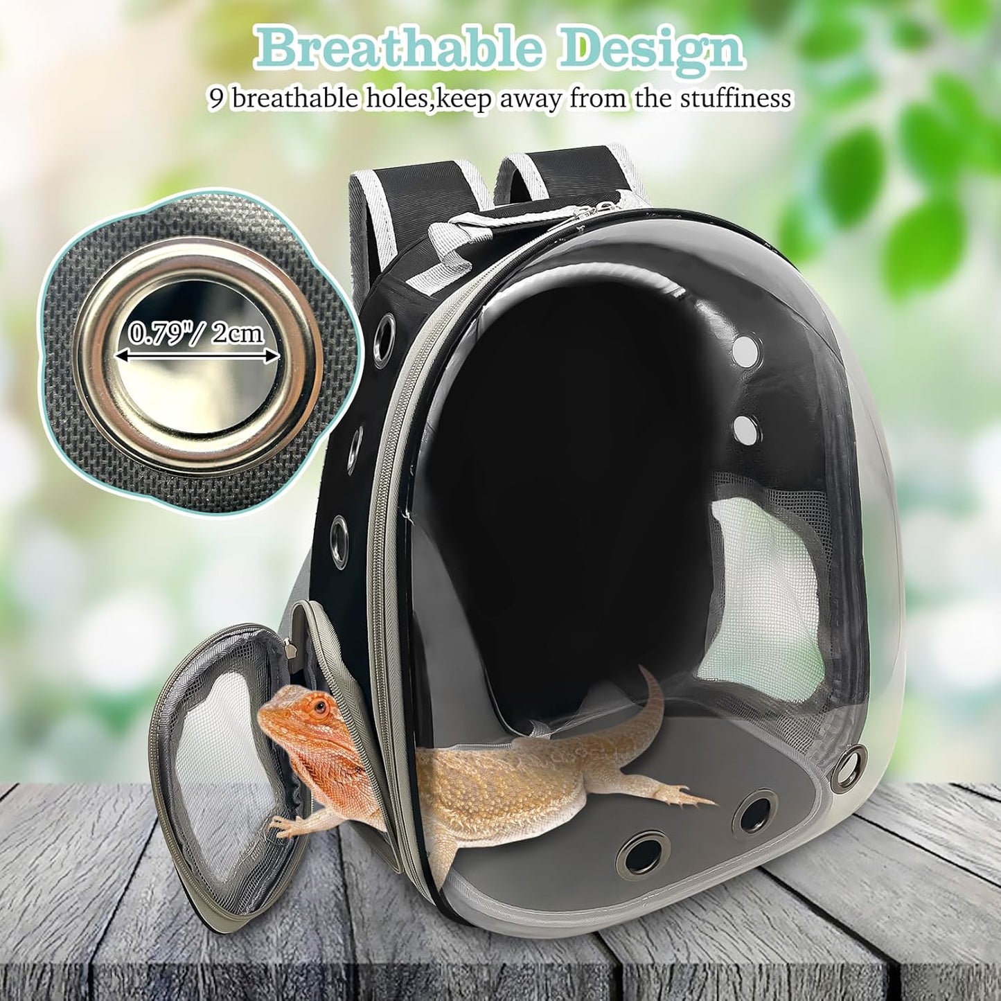 PINVNBY Bearded Dragon Carrier Backpack with Harness and Leash Set Large Reptile Travel Carrier Portable Lizard Backpack Clear Bubble Window Small Animal Carrying Bag for Gecko Kitten Rabbit (Black)