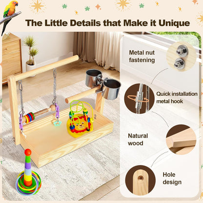 Mini Wood Bird Playground Birds Perch Stand Desktop Parrot Play Stand Parrot Tree with Feeder Cups Hanging Swing Toys and Foraging Toys Parakeet Play Gym for Budgie Cockatiel Conure Lovebird