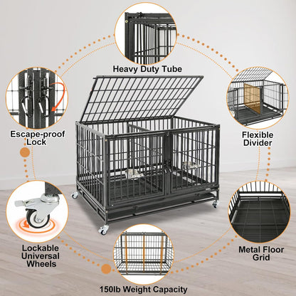 Homey Pet 43 inch Dog Crate Stackable Heavy Duty Dog Kennel Indoor Dog Grooming Cage with Detachable Divider, Removable Tray, Wheels, Feeding Bowls (2 Tiers)