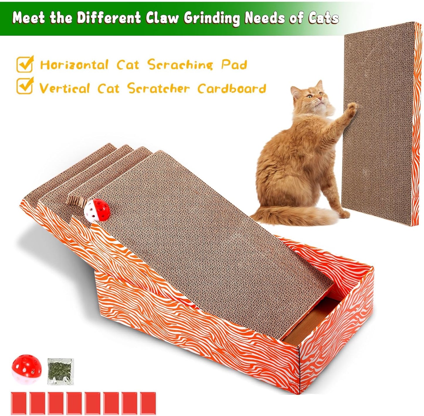 Cat Scrather Box with 4 pcs Large Scratching Cardboard and Toy Ball, Catnip, 4 in 1 Large Refillable & Reversible Cat Scratcher Pad, Cardboard Cat Bed for Big Medium Small Lazy Kitty