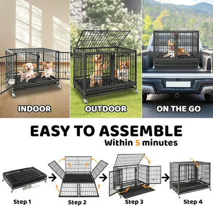 Homey Pet 43/48/37 inch Stackable Heavy Duty Dog Crate Cage on Wheels with Divider, 2X Steel Bowls, 4X Lockable Wheels, Tray, Indestructible Escape Proof Lager Dog Kennel Indoor