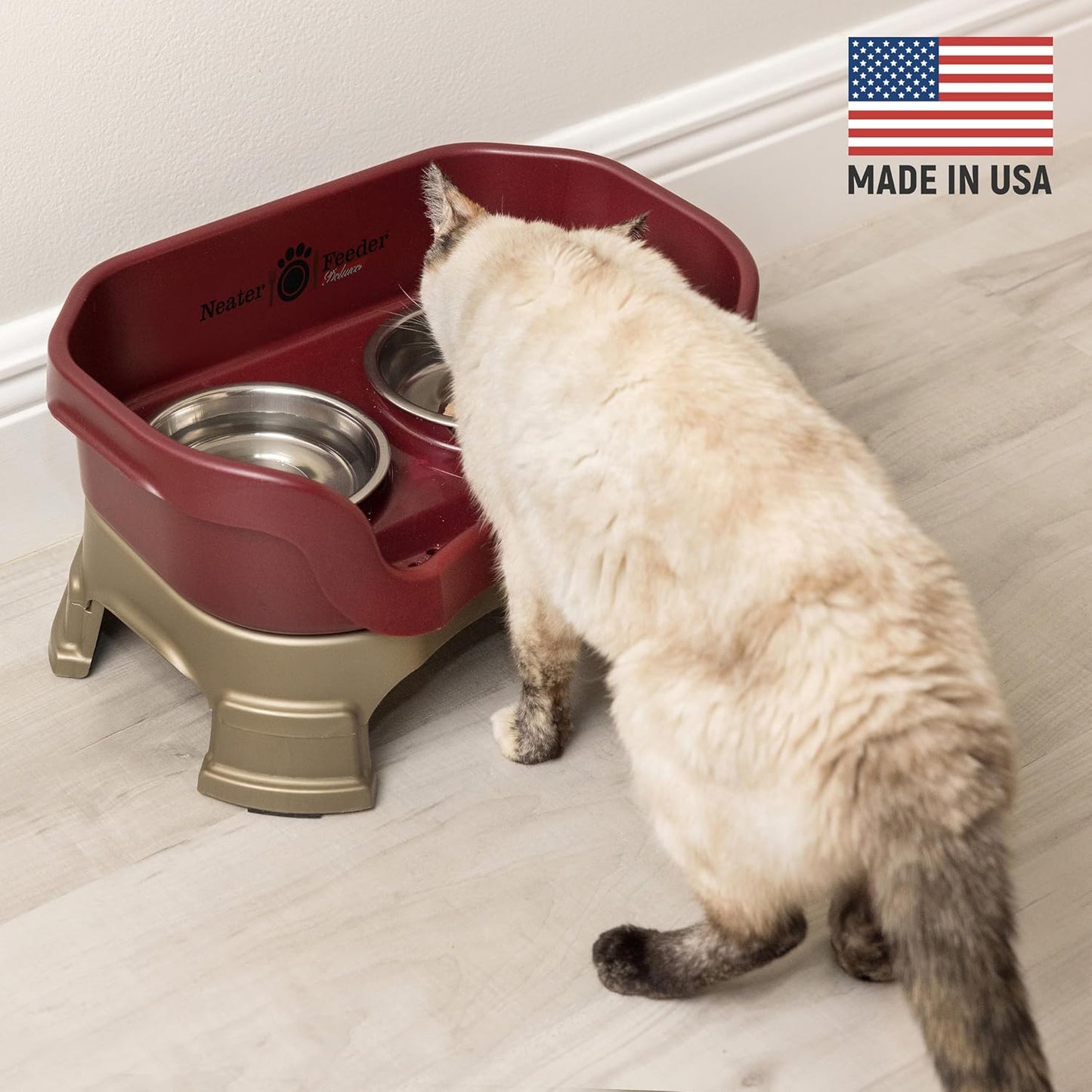 Neater Feeder Deluxe Mess Proof Cat Bowls Elevated for All Breeds – Made in USA – No Spill Raised Cat Bowls for Indoor Cats w/Leg Extensions – Stainless Steel Cat Food and Water Bowl Set - Red