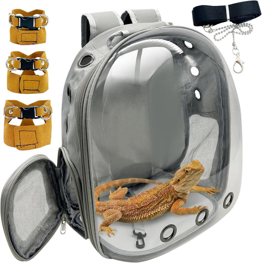 PINVNBY Bearded Dragon Carrier Backpack with Harness and Leash Set Large Reptile Travel Carrier Portable Lizard Backpack Clear Bubble Window Small Animal Carrying Bag for Gecko Kitten Rabbit (Gray)