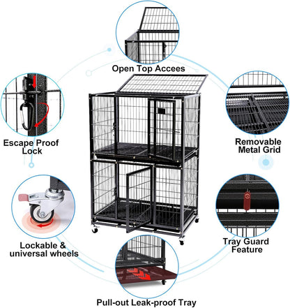 Homey Pet 31 Inch Stackable Heavy Duty Dog Crate Cage Kennel with Four Lockable Wheels, Removable Tray, Escape Proof Wire Drop Dog Crates for Small Dogs (Two Tiers)
